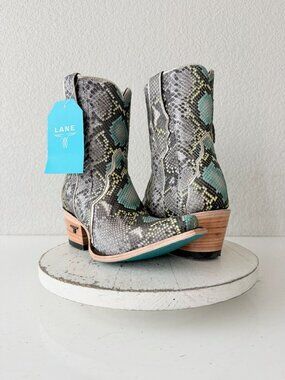 Lane VICKSON Blue Snakeskin Cowboy Booties Western Short Boots Snip Toe Size 9
